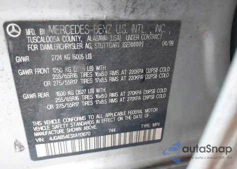 1999 Mercedes-Benz Ml 320 из США, поврежденный, VIN 4JGAB54E3XA113670